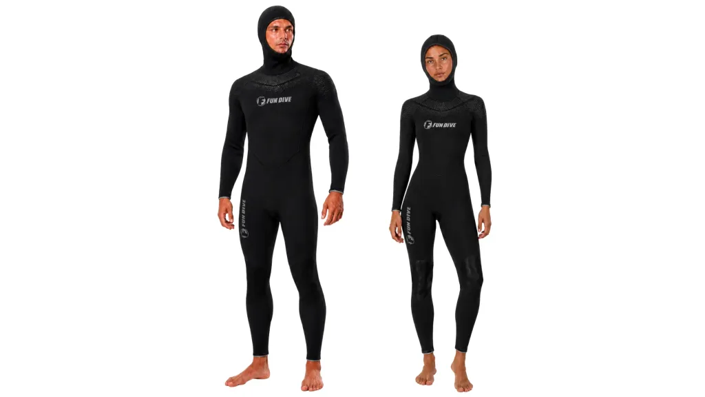 Roupa de neoprene 7 mm Fun Dive Neoflex com capuz acoplado, versões masculina e feminina para água fria