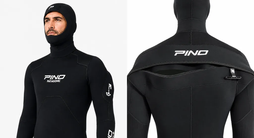 Roupa de mergulho semi seca Pino Patagonic 7mm com capuz, vista de frente e de costas com o zíper transversal entre os ombros