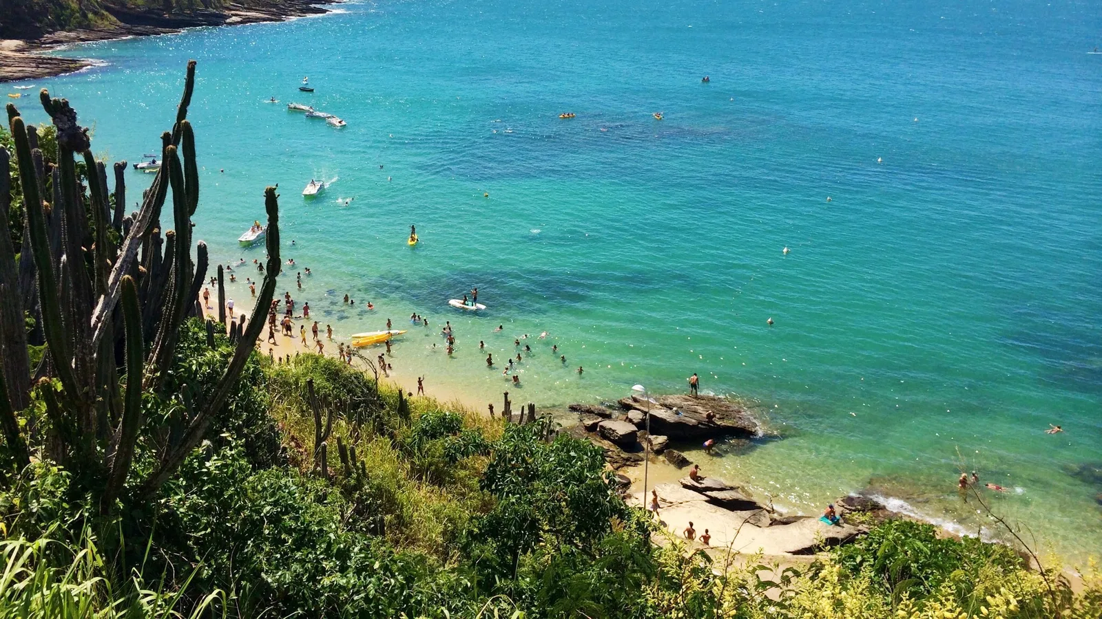 Praia de João Fernandes, em Búzios, vista do alto entre cactos, com água turquesa e banhistas