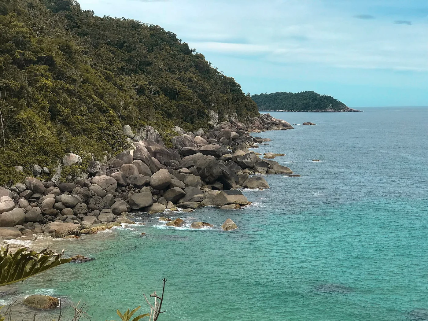 Costão da Ilha Anchieta visto da água, com formações rochosas e vegetação densa