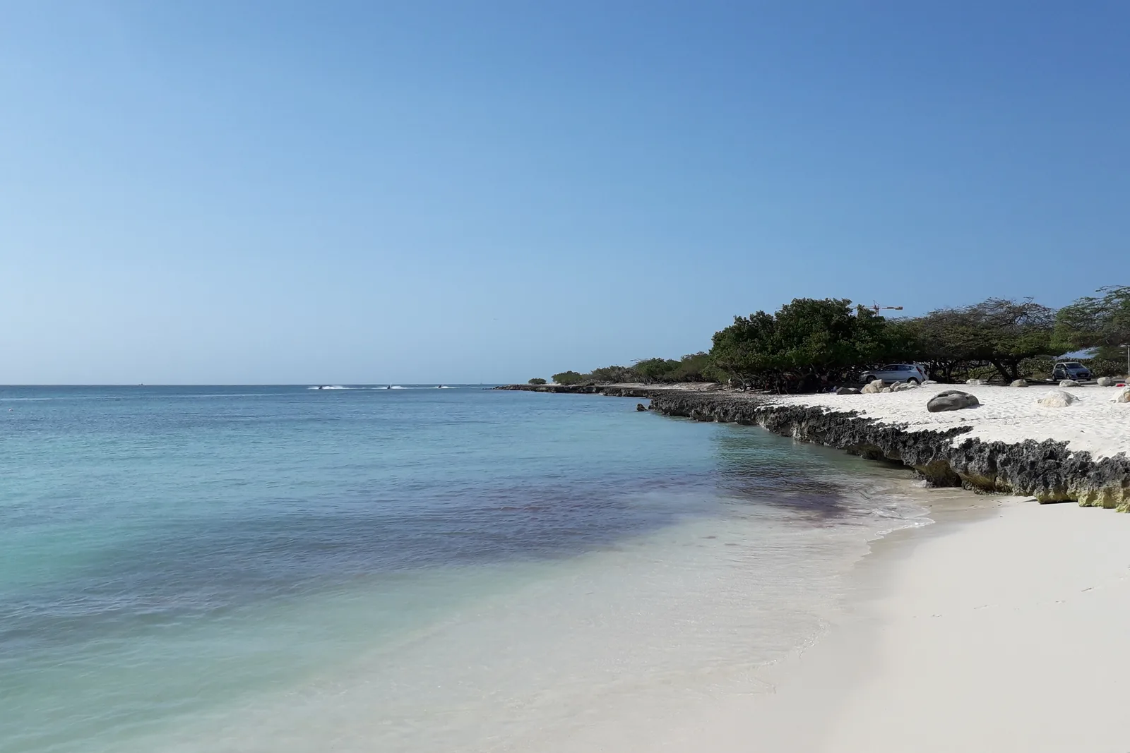 Areia branca e mar calmo em Eagle Beach, Aruba