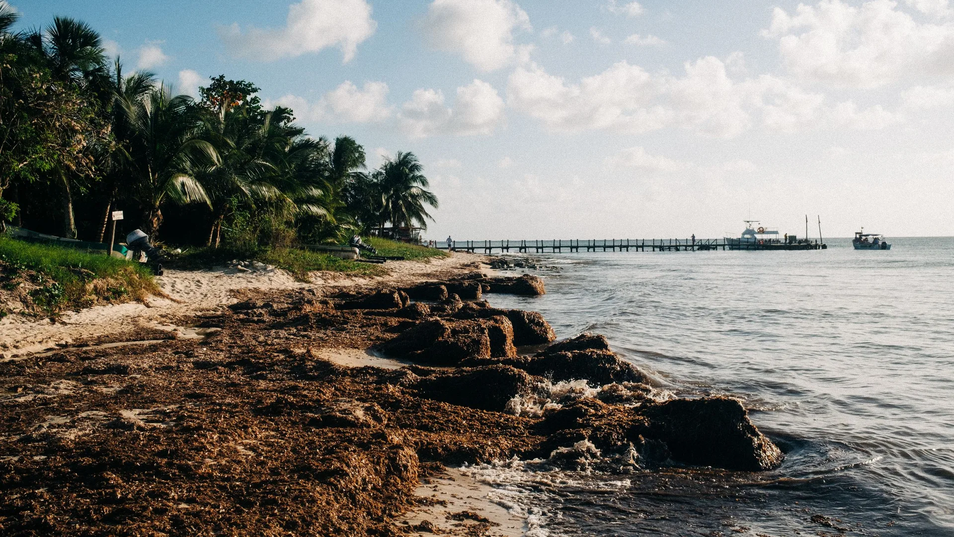Vista da praia e do píer em San Miguel de Cozumel, no México