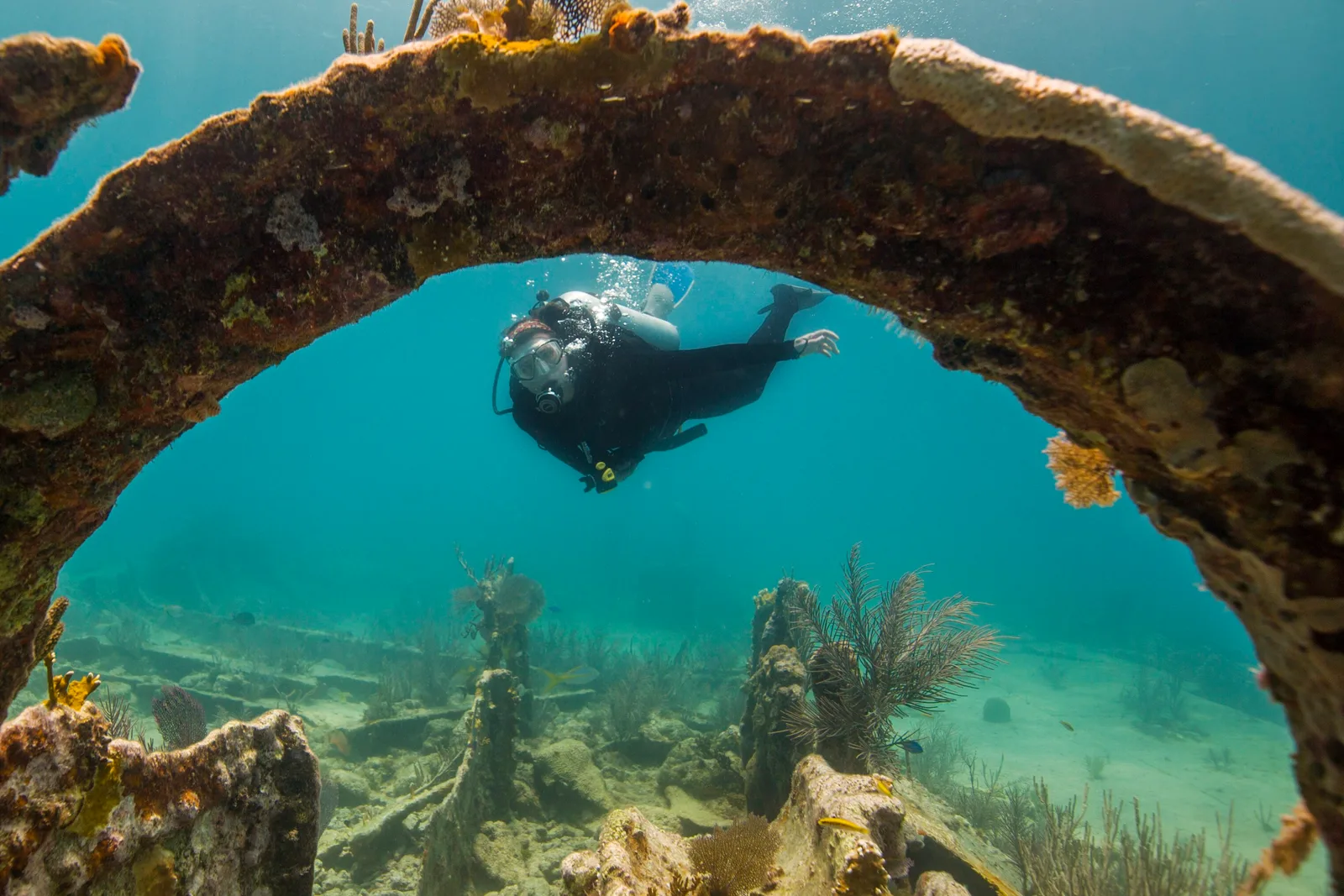 Mergulhador nos destroços do vapor City of Washington, no Elbow Reef, em Key Largo