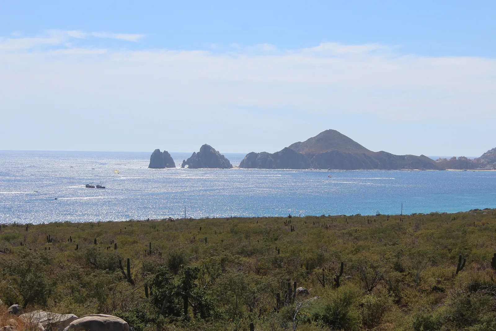 Land's End e a baía de Cabo San Lucas vistos do deserto de cactos