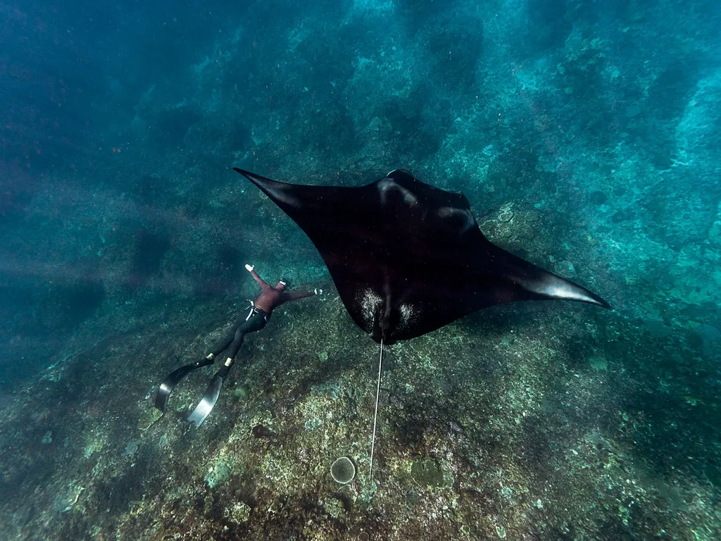 Mergulhador nadando ao lado de uma arraia-manta