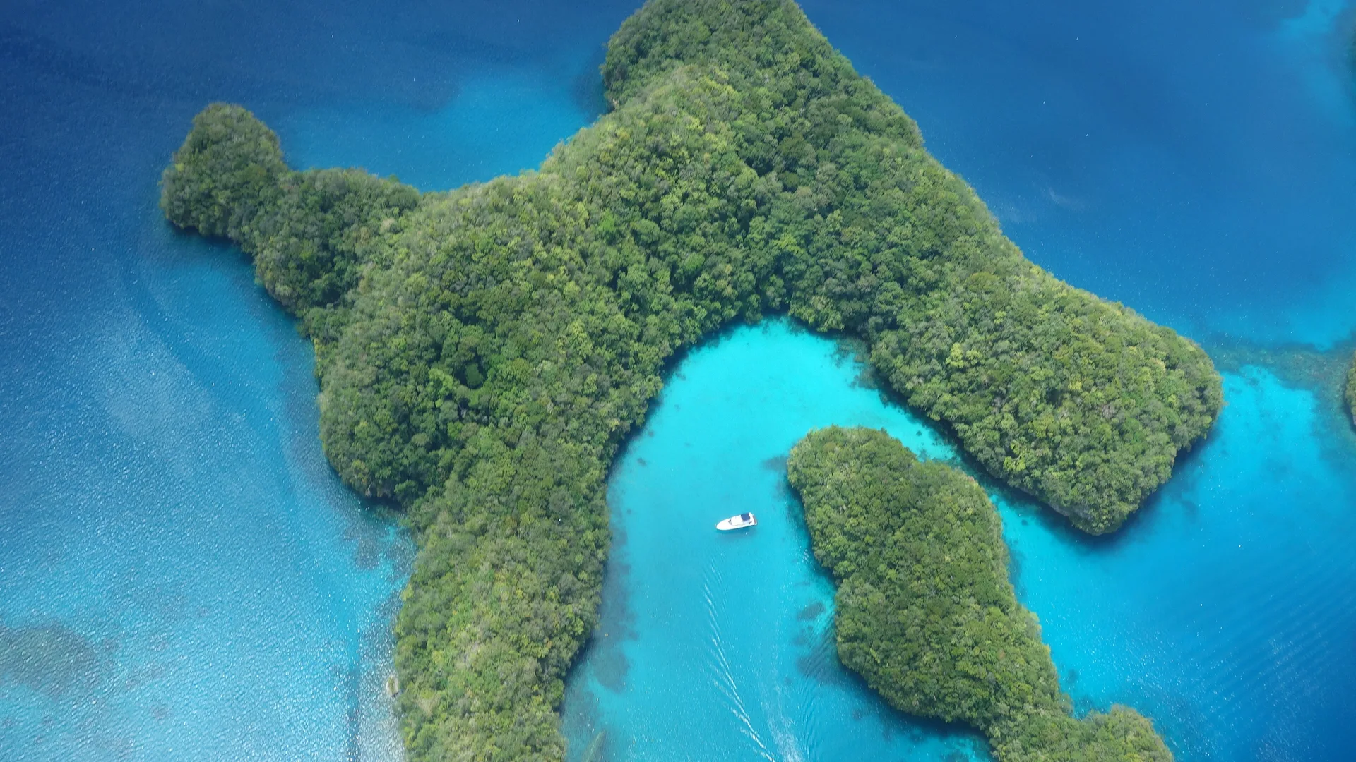 Lancha ancorada numa enseada turquesa entre as Rock Islands de Palau, vista do alto
