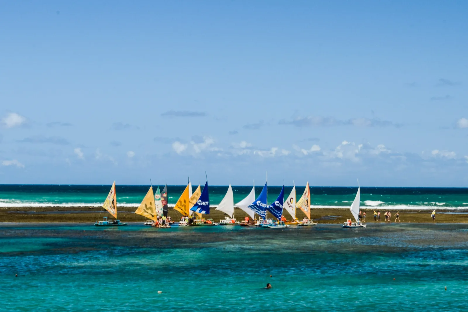 Jangadas de vela sobre as piscinas naturais de Porto de Galinhas
