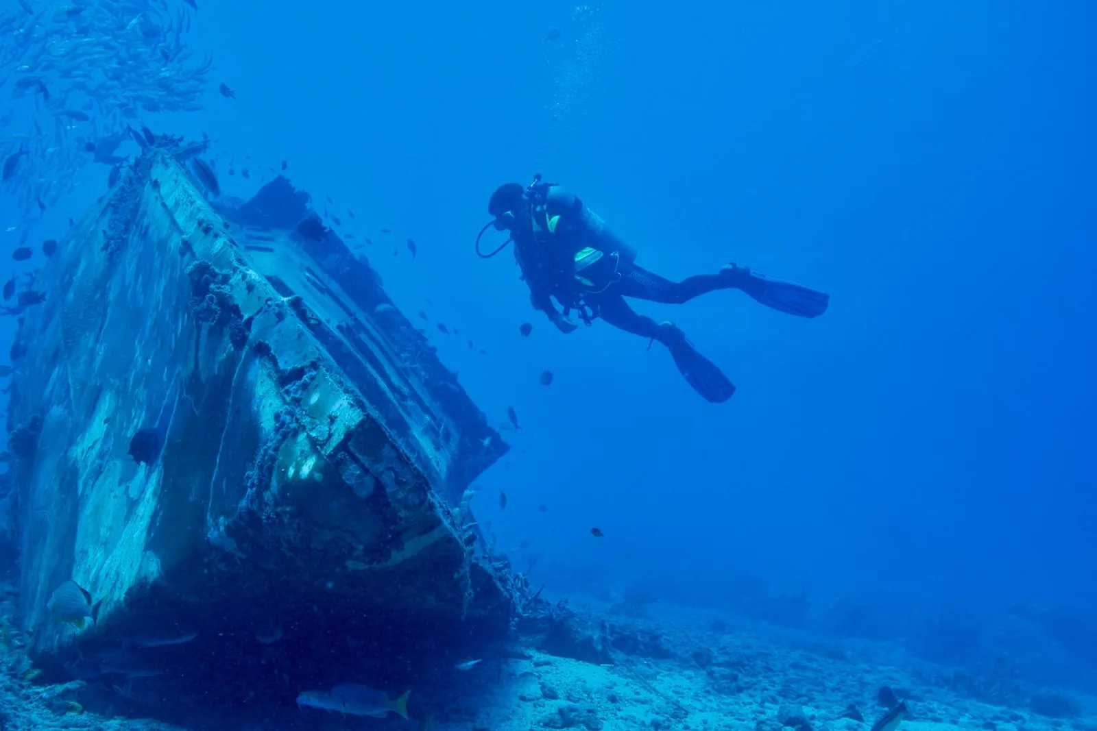 Mergulhador ao lado de um naufrágio submerso