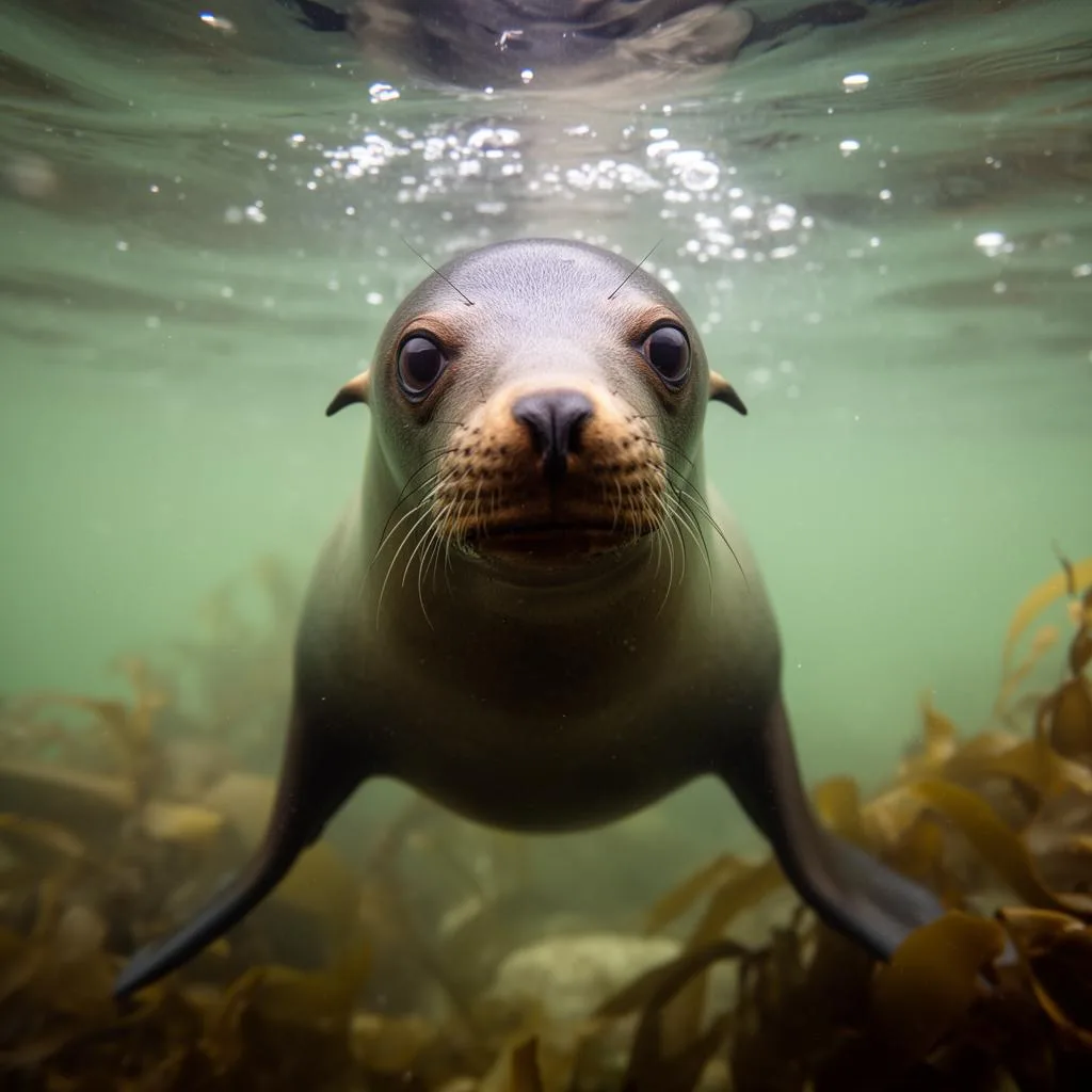 Lobo marinho sul-americano de perto durante mergulho em Punta Loma