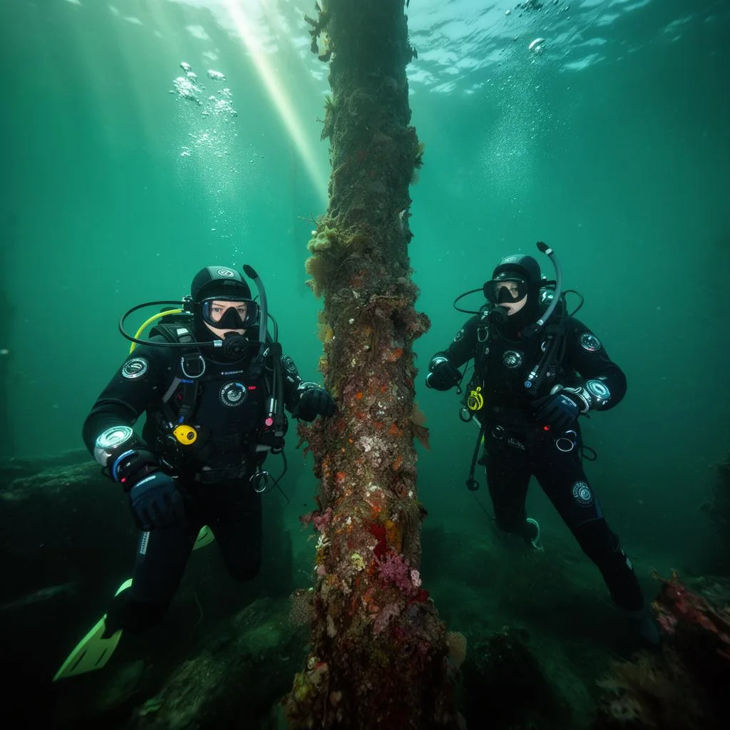 Dois mergulhadores de roupa seca em estrutura submersa nas águas da Patagônia Argentina