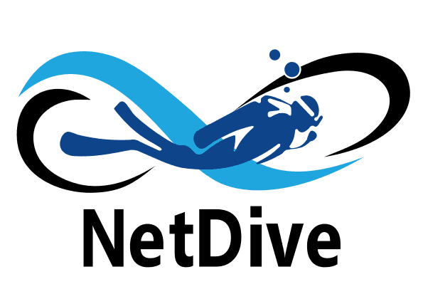 Logo da NetDive com ilustração de mergulhador e ondas em azul e preto